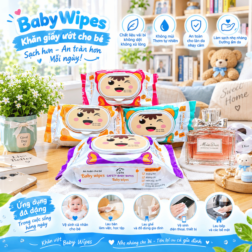 Thùng 10 Gói Khăn Giấy Ướt Baby Wipes - Ít Nước, Không Mùi, Vải bi dày, Không xù lông