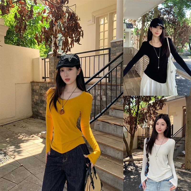 Áo thun dài tay màu trơn cổ chữ V chất Cotton Borip mịn mềm mại đầy dặn tôn dáng cho phong cách thời trang hiện đại