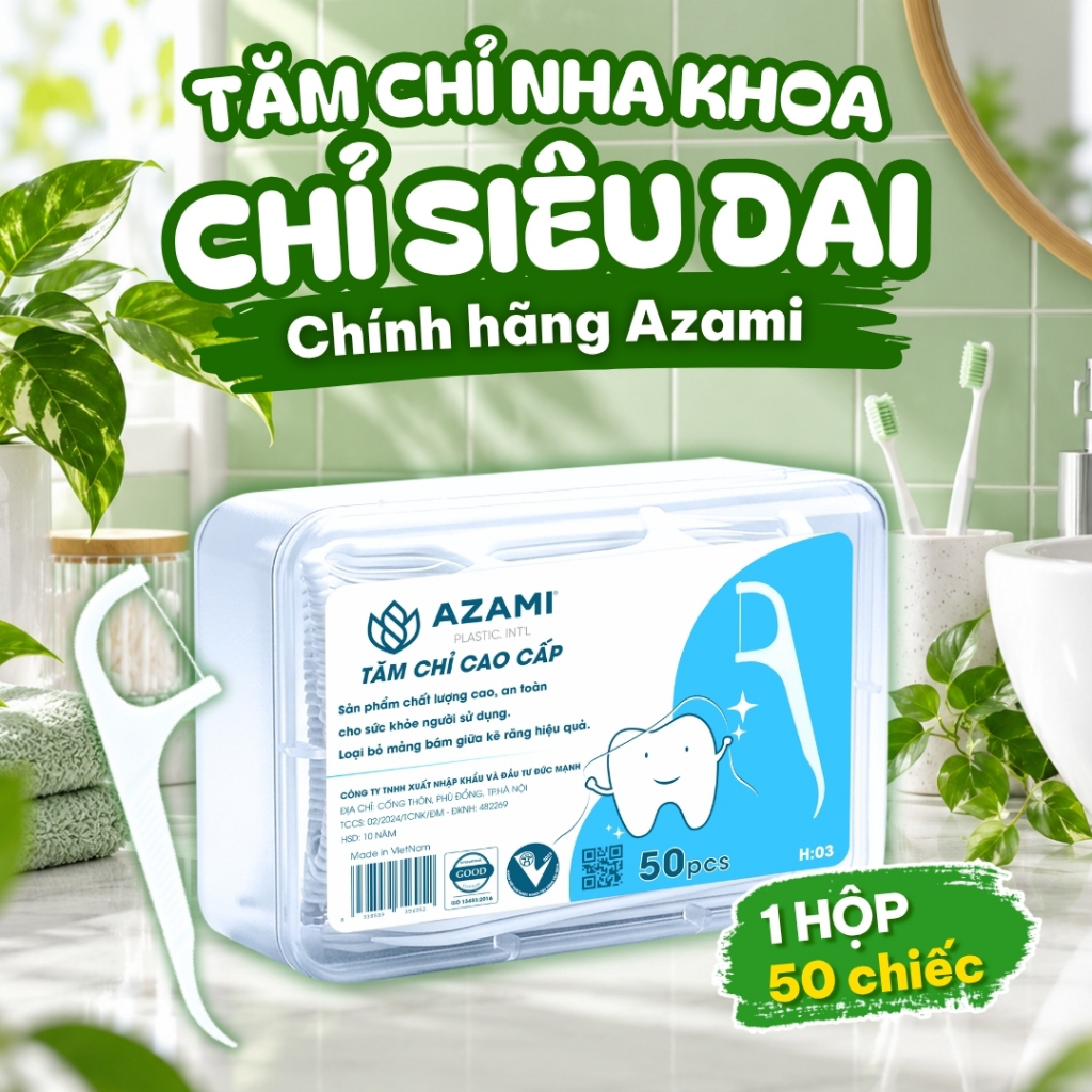 ( 1 Hộp ) tăm chỉ nha khoa Azami, hàng Việt Nam chính hãng, Không chất huỳnh quang bảo vệ sức khỏe