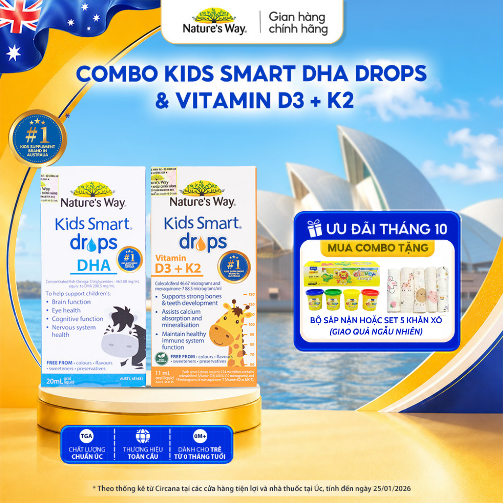 Combo Siro Uống Nature's Way Kids Smart Drops DHA Và D3K2, D3 Bổ Sung DHA, D3+K2, Hỗ Trợ Phát Triển 