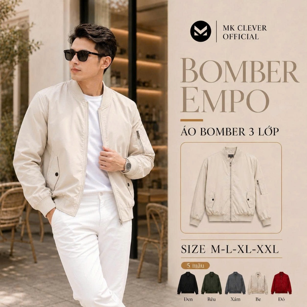 Áo Khoác Nam Bomber MK CLEVER Empo Chất liệu vải Gió trần bông dày dặn, cản gió tốt, trẻ trung