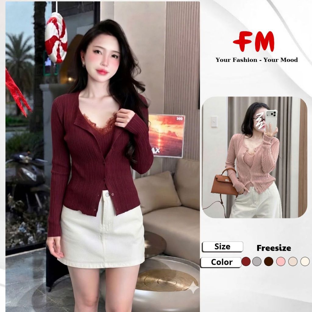 FMSTYLE Áo Len Nữ Cổ Thường Tay Dài gân 6 nút lót ren nhiều màu Freesize 26090879