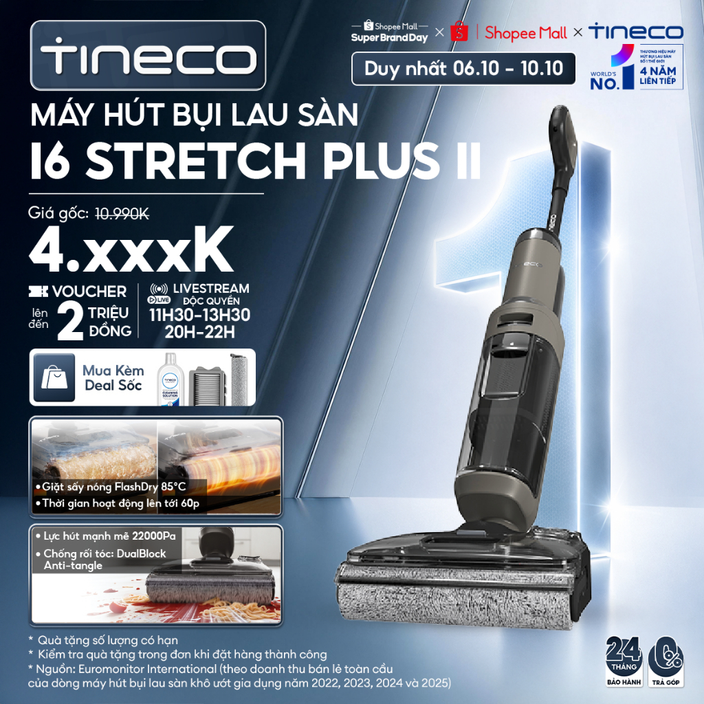 Tineco Floor One i6 Stretch Plus II / I6 Stretch Plus Máy hút bụi lau sàn khô ướt - Lực hút 22000Pa 