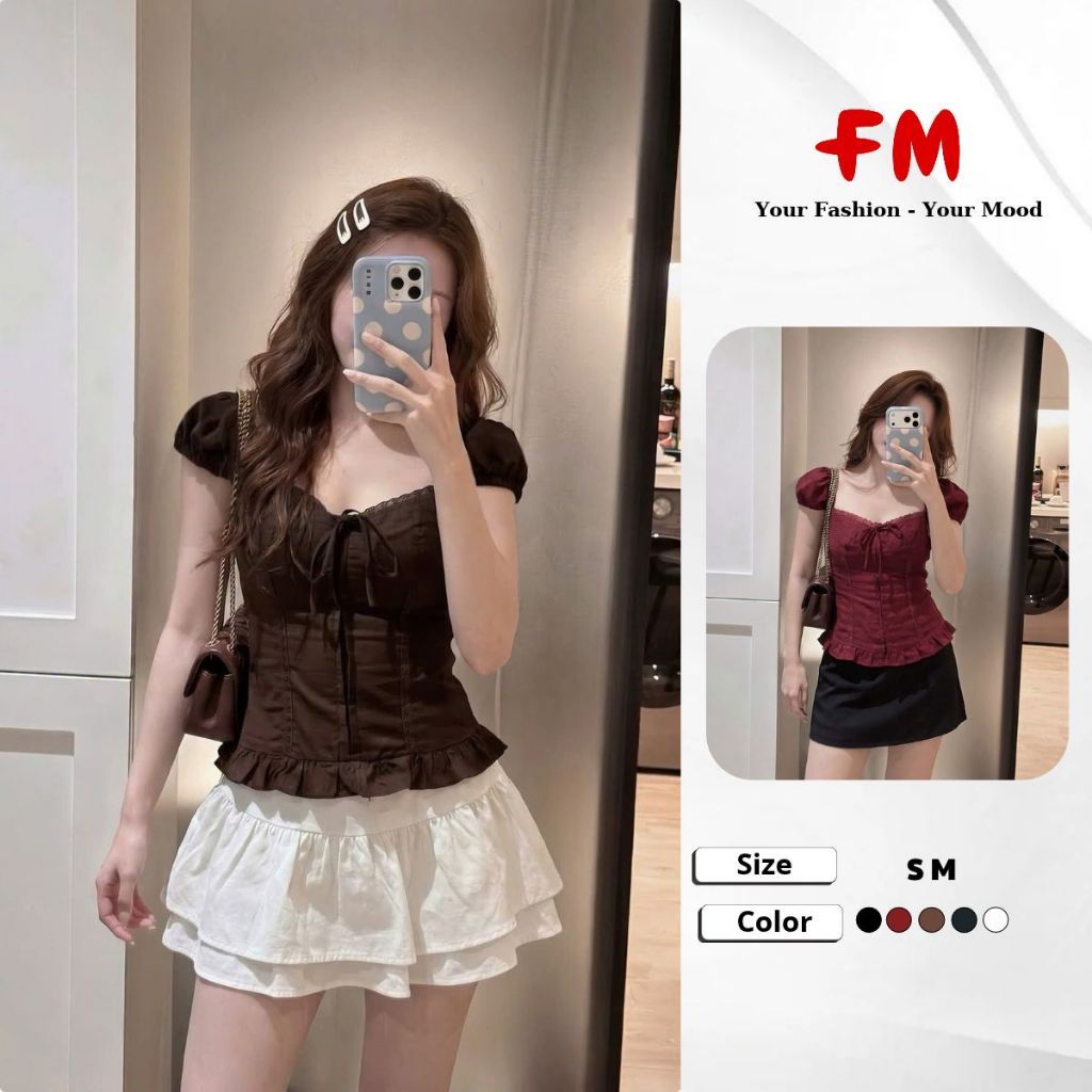 FMSTYLE Áo Kiểu Nữ Tay Ngắn cổ vuông viền ren lai bèo Size S M Nhiều màu siêu xinh 26100022