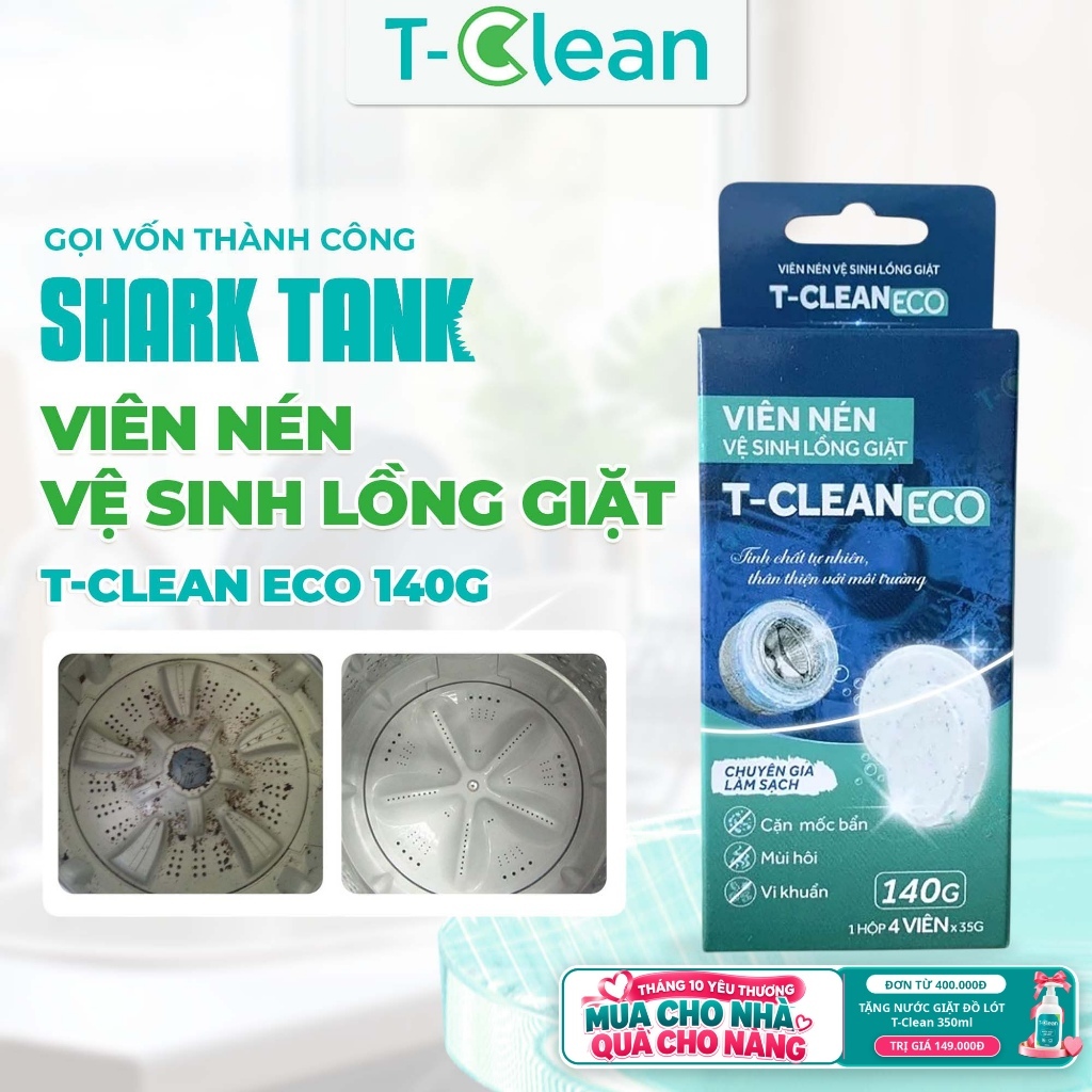 Hộp 4 Viên tẩy lồng máy giặt T-Clean, vệ sinh lồng giặt các loại, sạch bóng, khử mùi, diệt khuẩn
