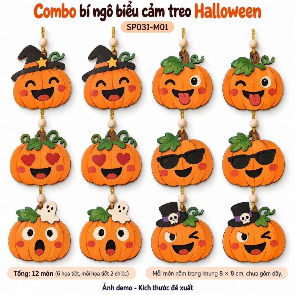 Bộ 12 Đồ Treo Halloween Gỗ 8cm Có Dây — ảnh listing minh họa