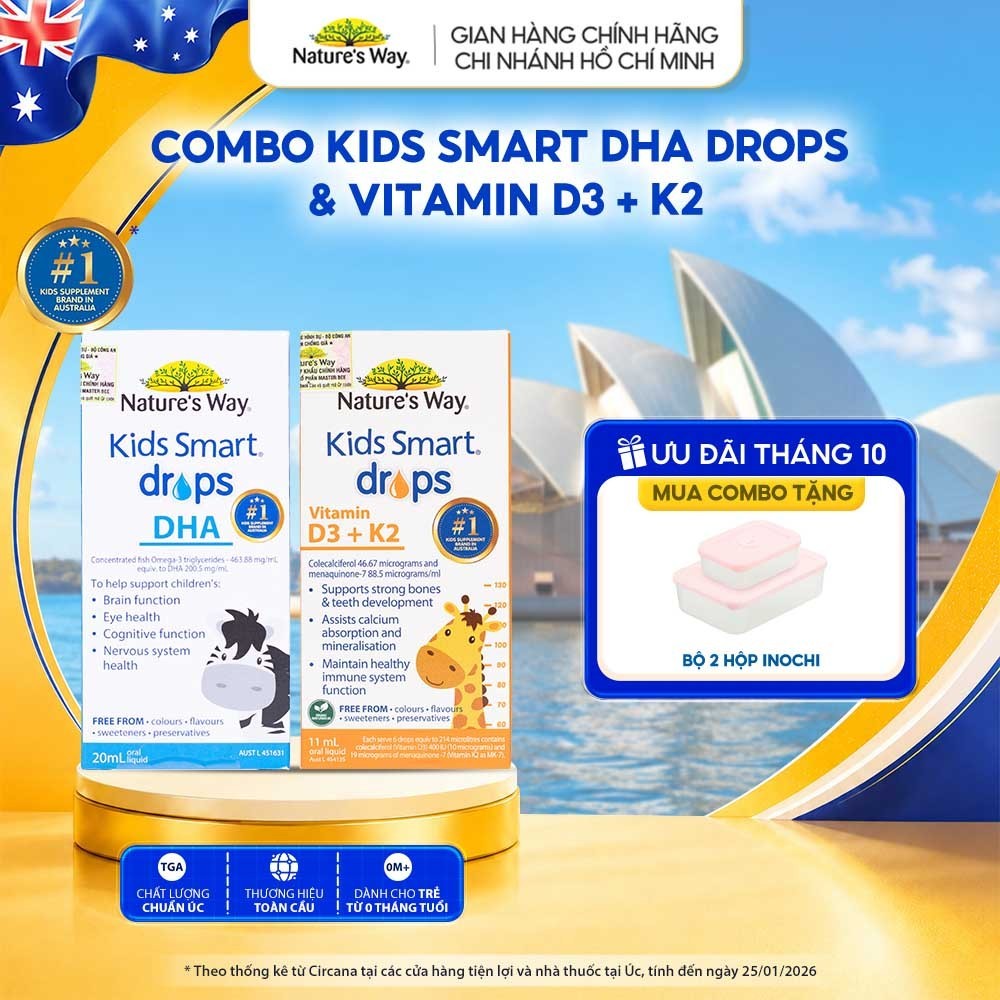 Combo DHA Drops và Vitamin D3K2 Nature's Way Kids Bổ Sung Vitamin, Phát Triển Não Bộ Cho Bé 20ml và 