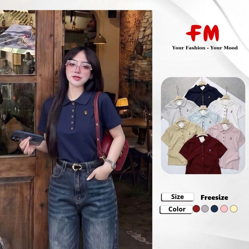FMSTYLE Áo Polo Nữ Basic Tay Ngắn 5 nút thêu gấu Freesize Nhiều Màu 26090907