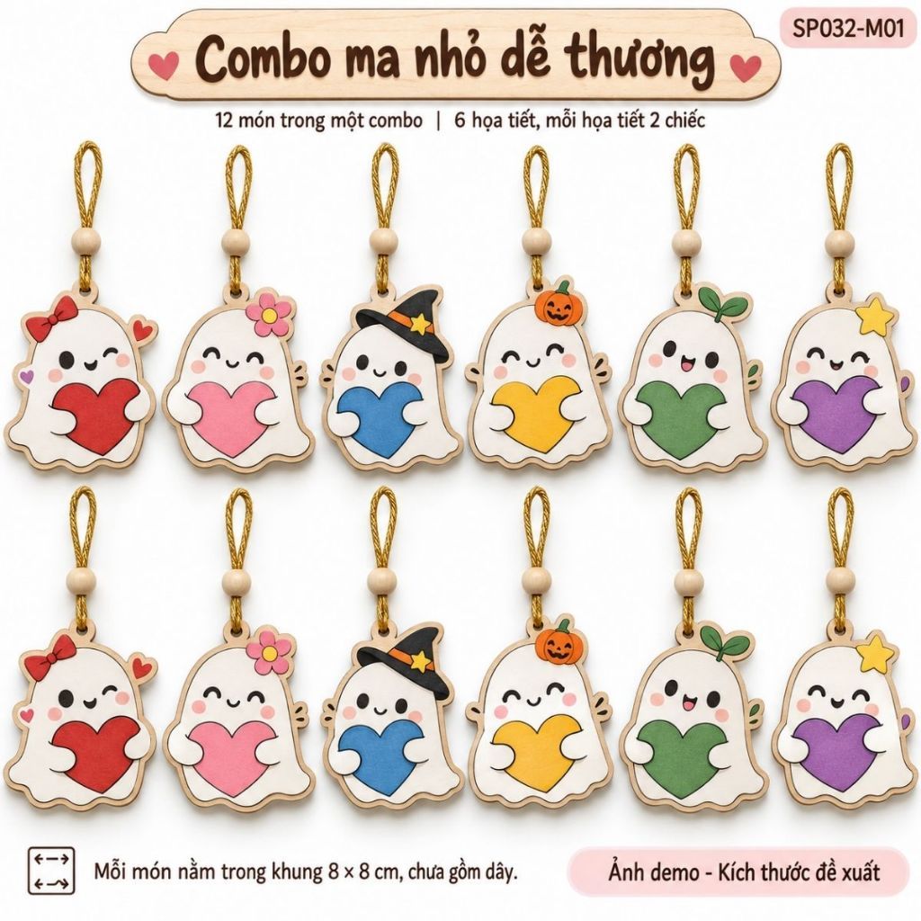 Bộ 12 hình ma nhỏ bằng gỗ treo Halloween — ảnh listing minh họa