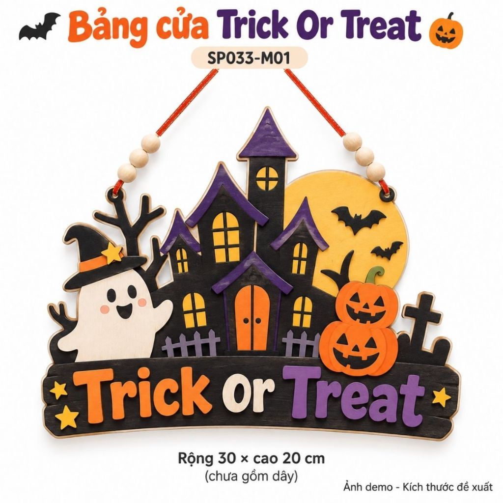 Bảng Gỗ Treo Cửa Trick Or Treat 30x20cm Có Dây — ảnh listing minh họa