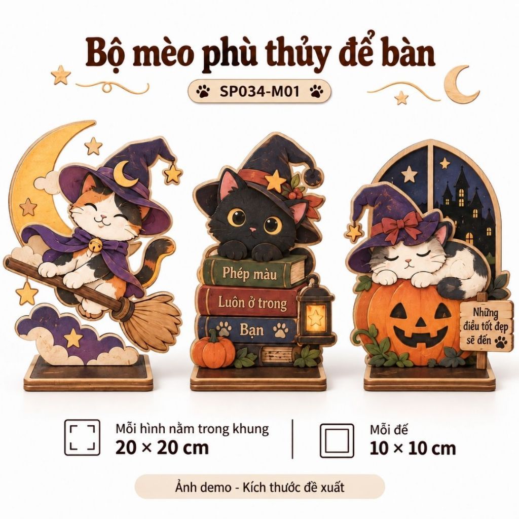 Bộ 3 Mô Hình Gỗ Halloween Để Bàn 20x20cm Kèm Chân Đế — ảnh listing minh họa