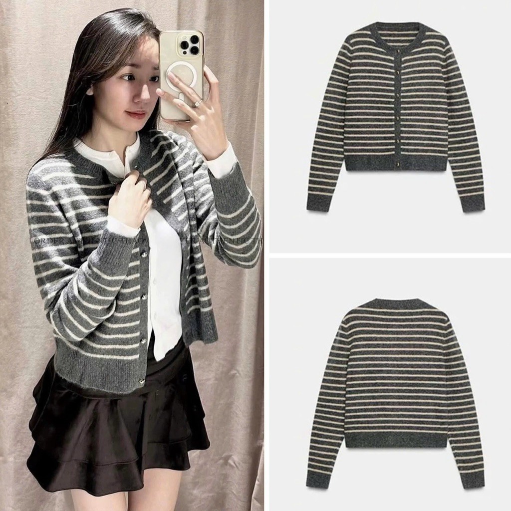 Áo len cardigan nữ màu xám kẻ ZN09, áo len dài tay QC cúc bấm xinh phong cách trẻ thanh lịch