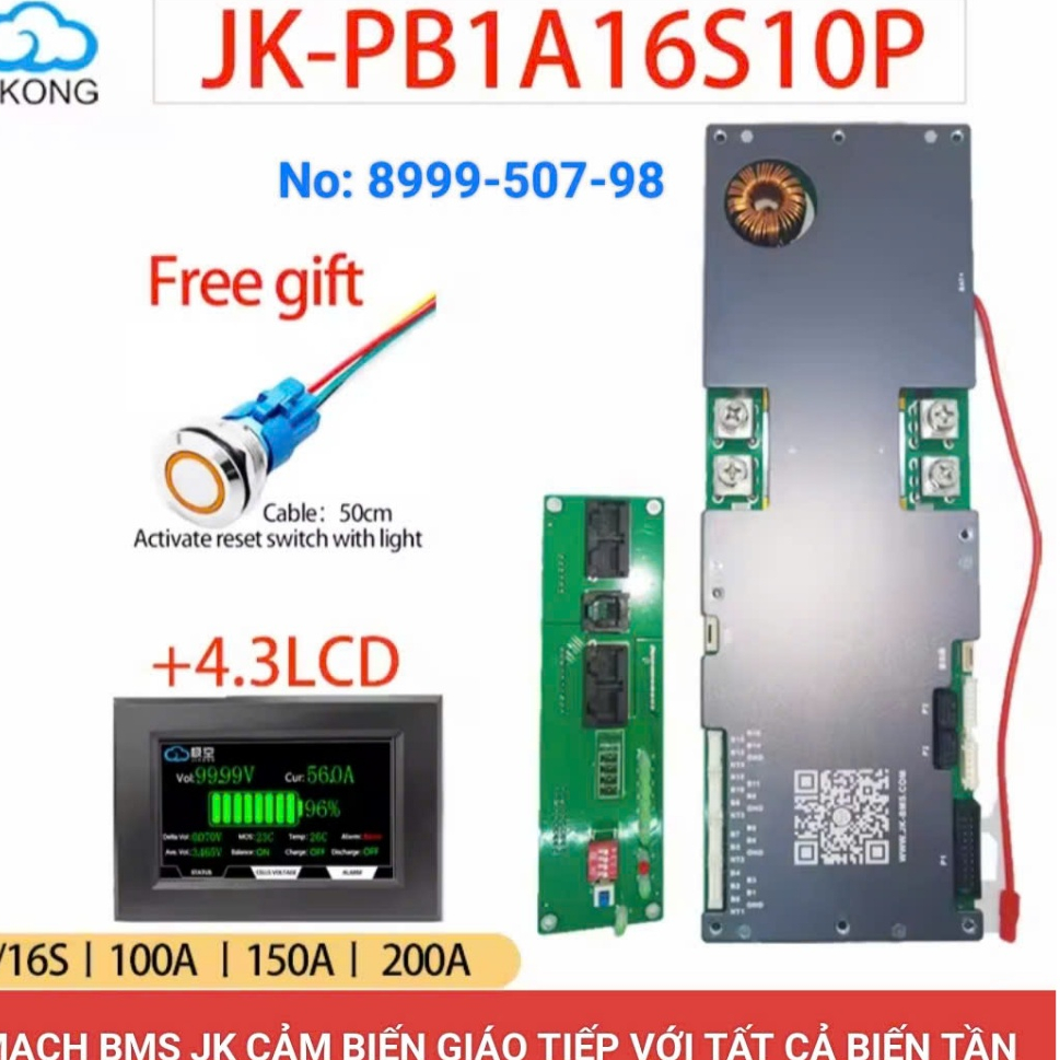 Mạch JK BMS bảo vệ pin tuyệt 16s-150A cân bằng 2A giao tiếp với tất cả biển tần.