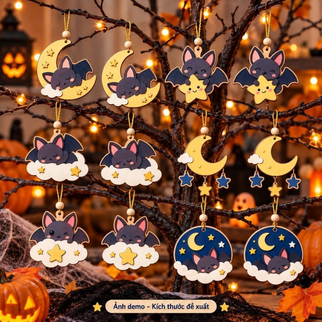 Bộ 12 món gỗ dơi trăng sao treo Halloween — ảnh listing minh họa