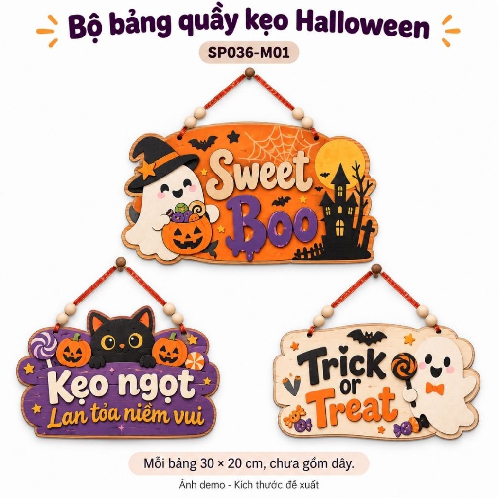 Bộ 3 Bảng Gỗ Trang Trí Quầy Kẹo Halloween 30x20cm Có Dây Treo — ảnh listing minh họa