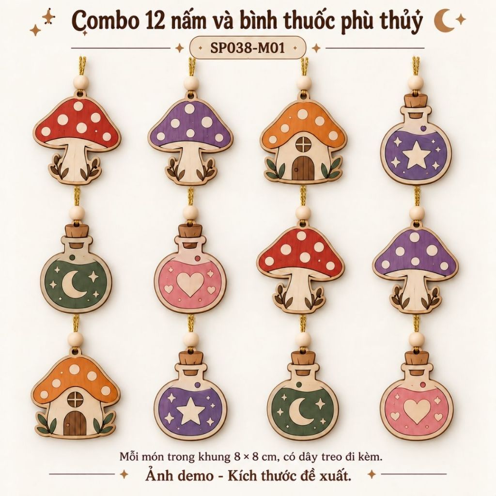 Bộ 12 hình nấm và bình thuốc phù thủy bằng gỗ treo Halloween — ảnh listing minh họa
