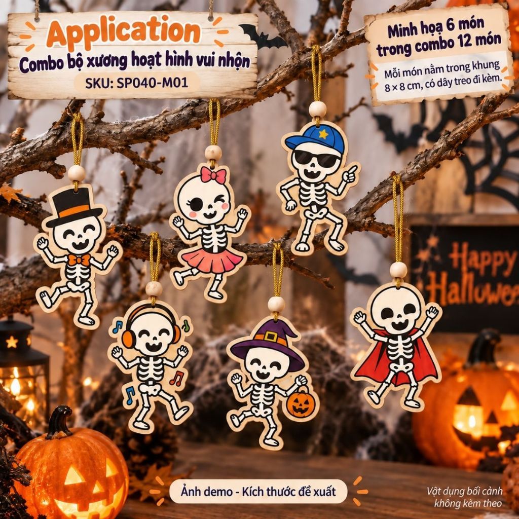 Bộ 12 hình bộ xương hoạt hình bằng gỗ treo Halloween — ảnh listing minh họa
