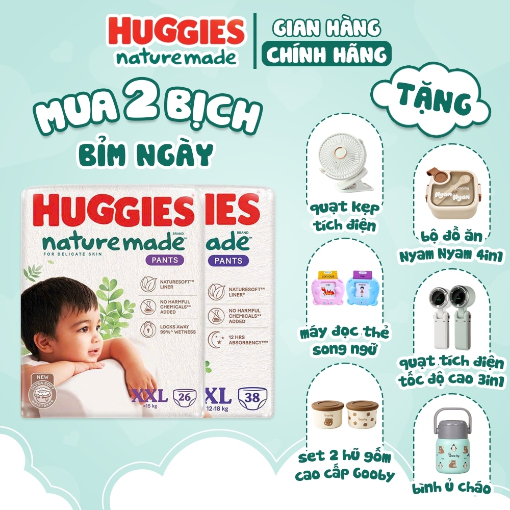 2 Bịch Tã/bỉm Huggies Nature Made sợi thiên nhiên, siêu thấm hút đủ size cho…