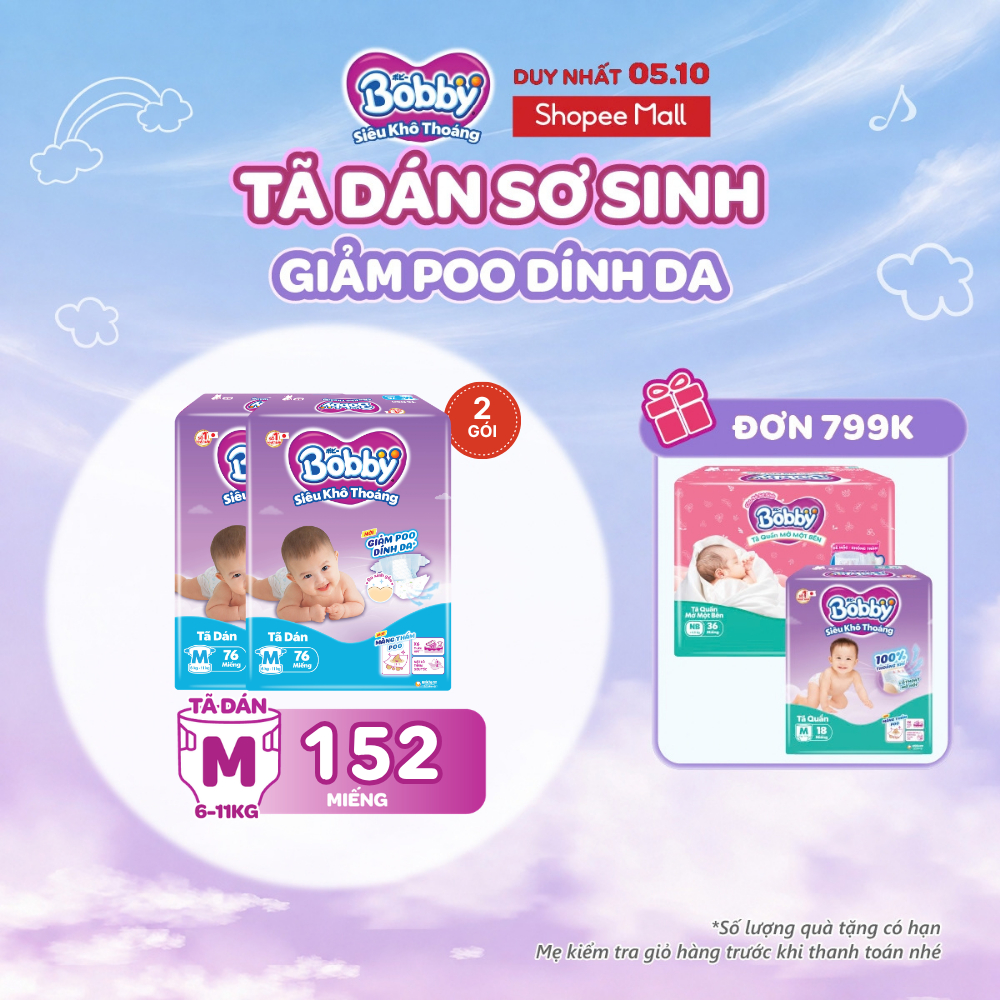 Combo 2 tã dán Bobby S80/M76/L68/XL62/XXL56 Giảm Poo Dính Da
