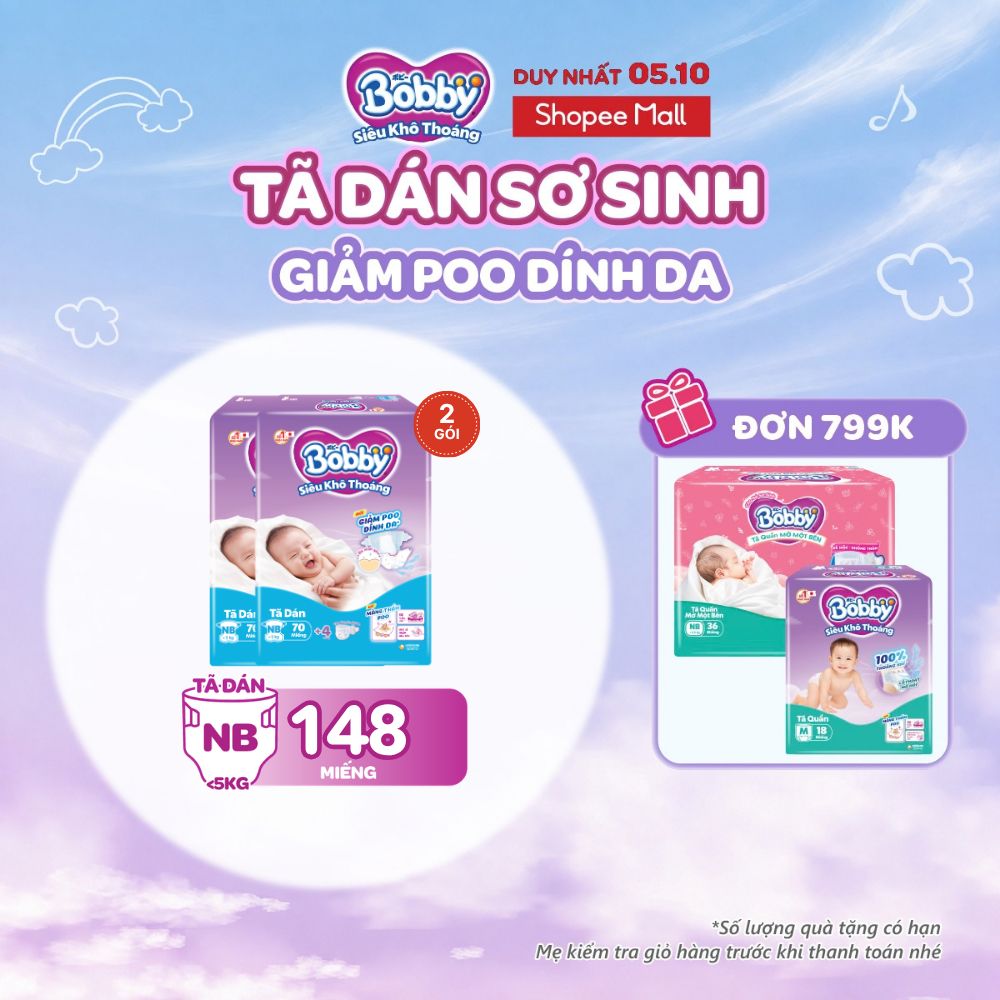 Combo 2 tã dán sơ sinh Bobby NB70/S54/M46 Giảm Poo Dính Da
