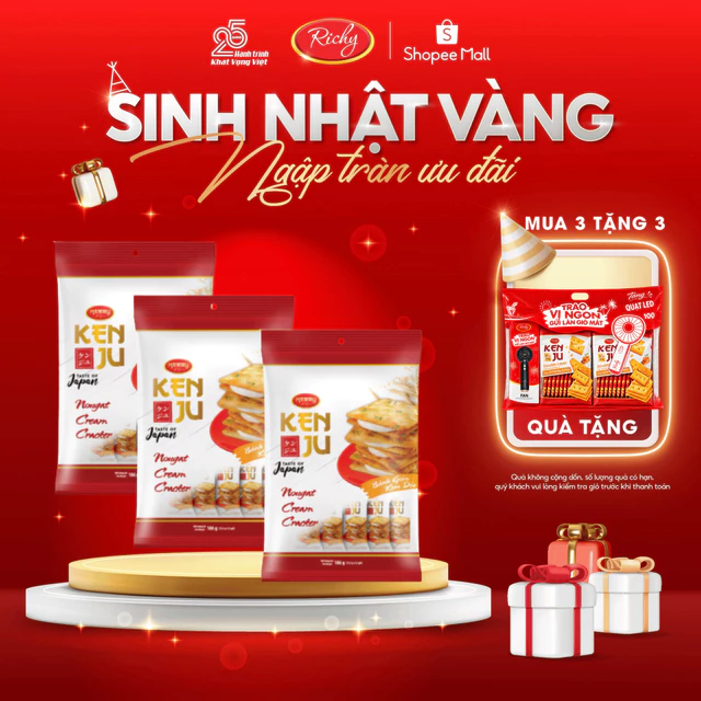 [TẶNG QUÀ ĐƠN TỪ 135K]  Combo 3 Bịch Kenju kem dẻo 186G, bánh kẹo Richy back to school