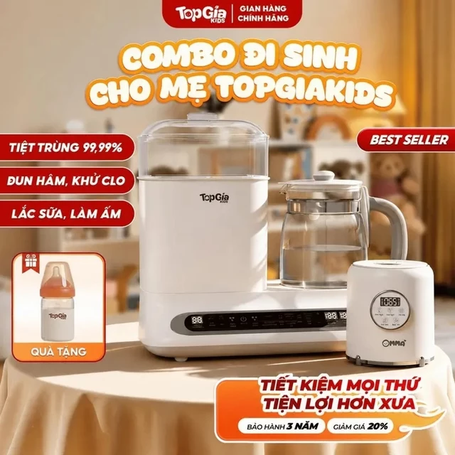COMBO ĐI SINH MẸ & BÉ | Máy Đun Nước Hâm Sữa M1-01 + Máy Lắc Hâm Sữa T2-02 OMMA | Giữ Nhiệt 48H, 1300ml | BH 3 Năm