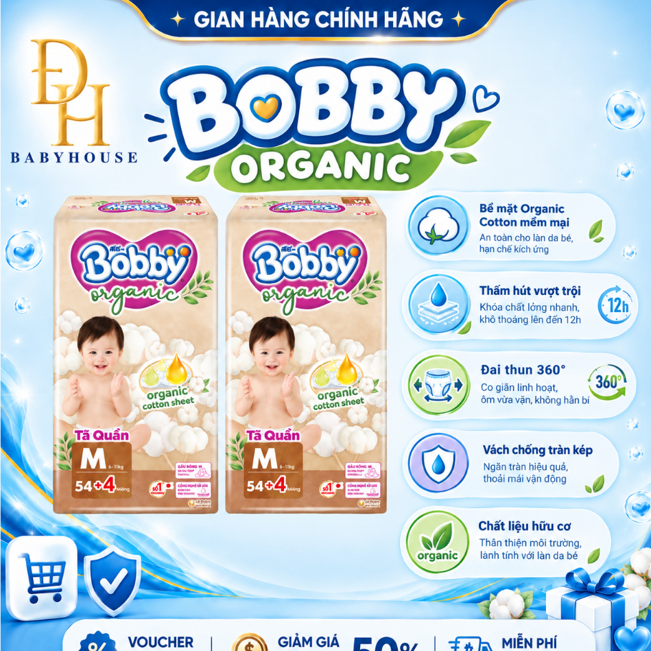 Tã quần Bobby Organic sợi cotton hữu cơ (organic) an toàn, mềm mại chính hãng, NPP Đức Hải