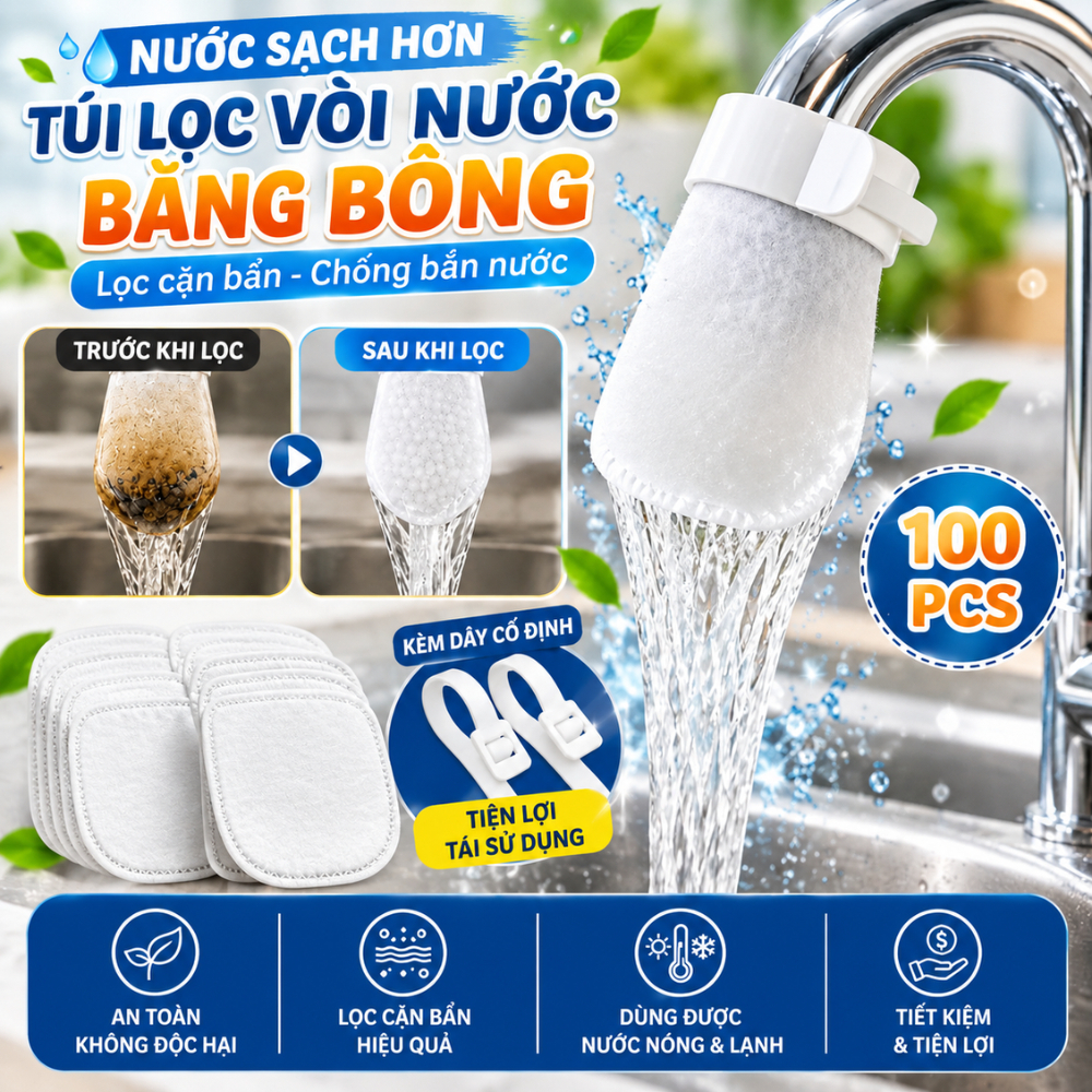 Combo 100 Túi lọc vòi nước đa năng Giữ cặn bẩn Tạp chất Cải thiện chất lượng nước sinh hoạt Cho vòi bếp phòng tắmVN-9185