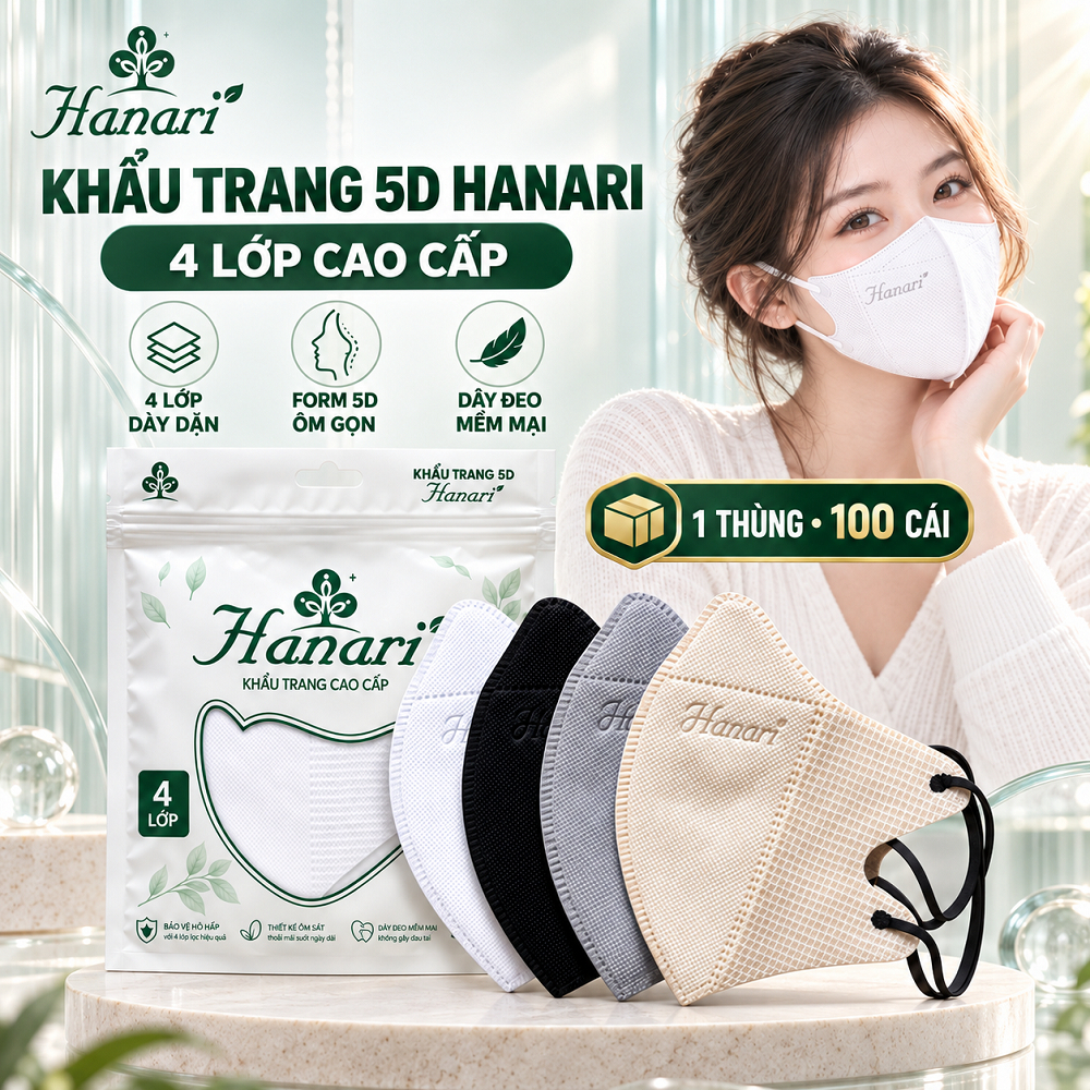 Khẩu Trang 5D HANARI Mask Chính Hãng 4 Lớp Kháng Khuẩn, Chống Tia UV, Lọc Bụi…