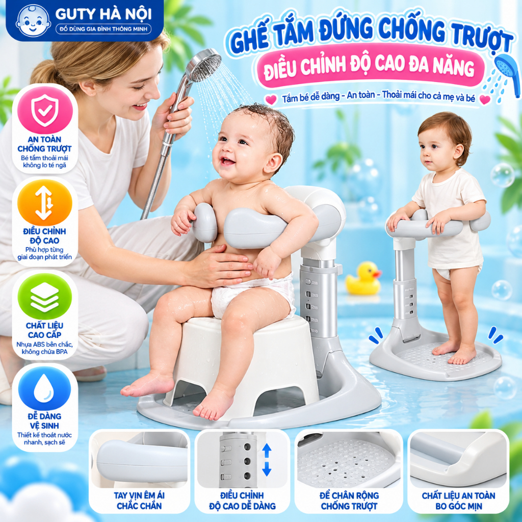 Ghế Tắm Đứng Cho Bé, Ghế Tắm Gội Trẻ Em Có Đệm Đỡ, Ghế Tắm Cho Bé Từ Nhỏ, Ghế Hỗ Trợ Tắm Gội Rảnh Tay Cho Mẹ