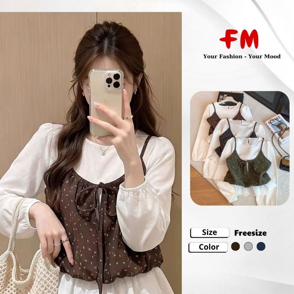 FMSTYLE Áo Kiểu Nữ Tay Dài phối 2 dây hoa lai ren 3 Màu Freesize 26090992