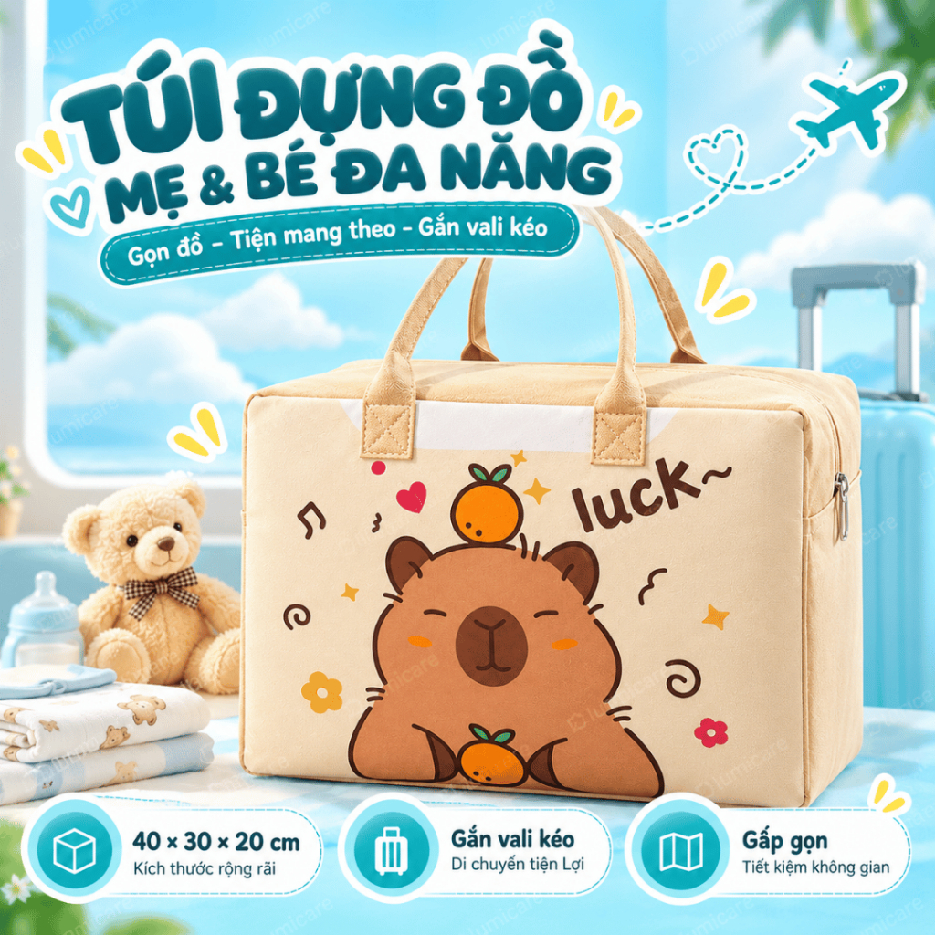 Túi Vải Đựng Đồ Cho Bé Gắn Vali Kéo, Túi Bỉm Sữa Đa Năng Đựng Đồ Mẹ Và Bé Du Lịch - HT867- HT391 - Lumi Care
