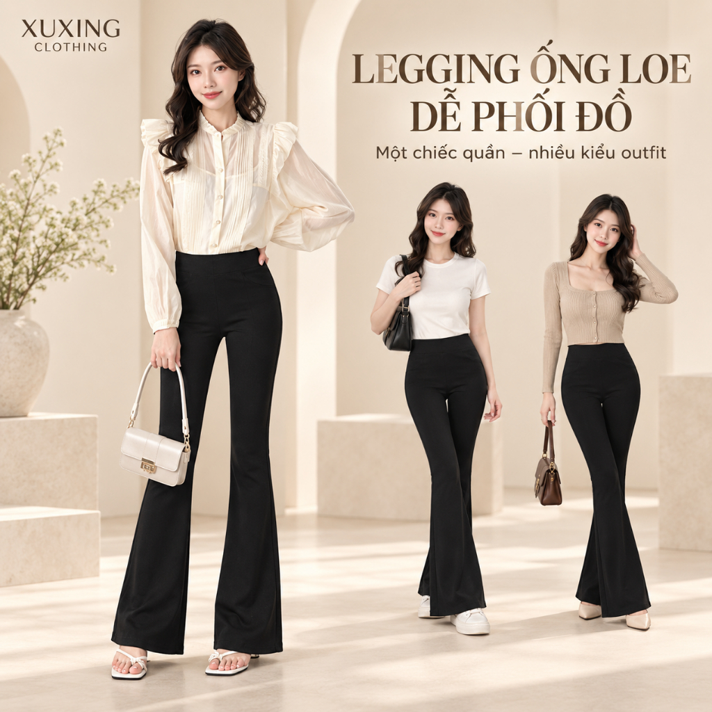 Quần legging ống loe nữ XUXING thun cotton cạp cao hack chân dài mặc đi làm đi chơi LG08