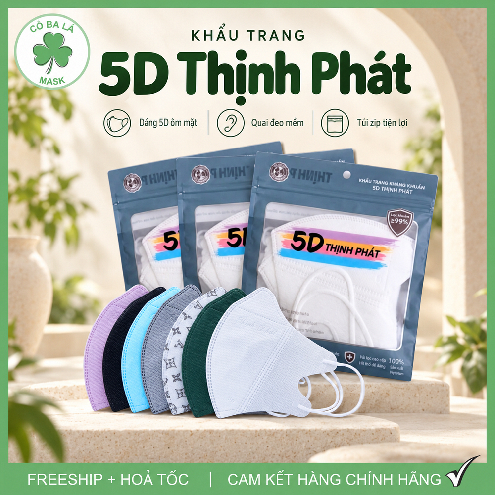 Khẩu Trang 5D THỊNH PHÁT Chính Hãng 3 Lớp Kháng Khuẩn, Chống Tia UV, Cản Bụi Mịn