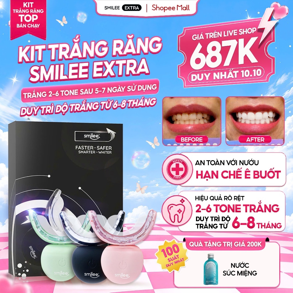 [GIÁ 574K LIVE ECOGO] Bộ Kit Trắng Răng SMILEE EXTRA , Làm Trắng Răng từ 3-6 tone Tại Nhà Phiên Bản 