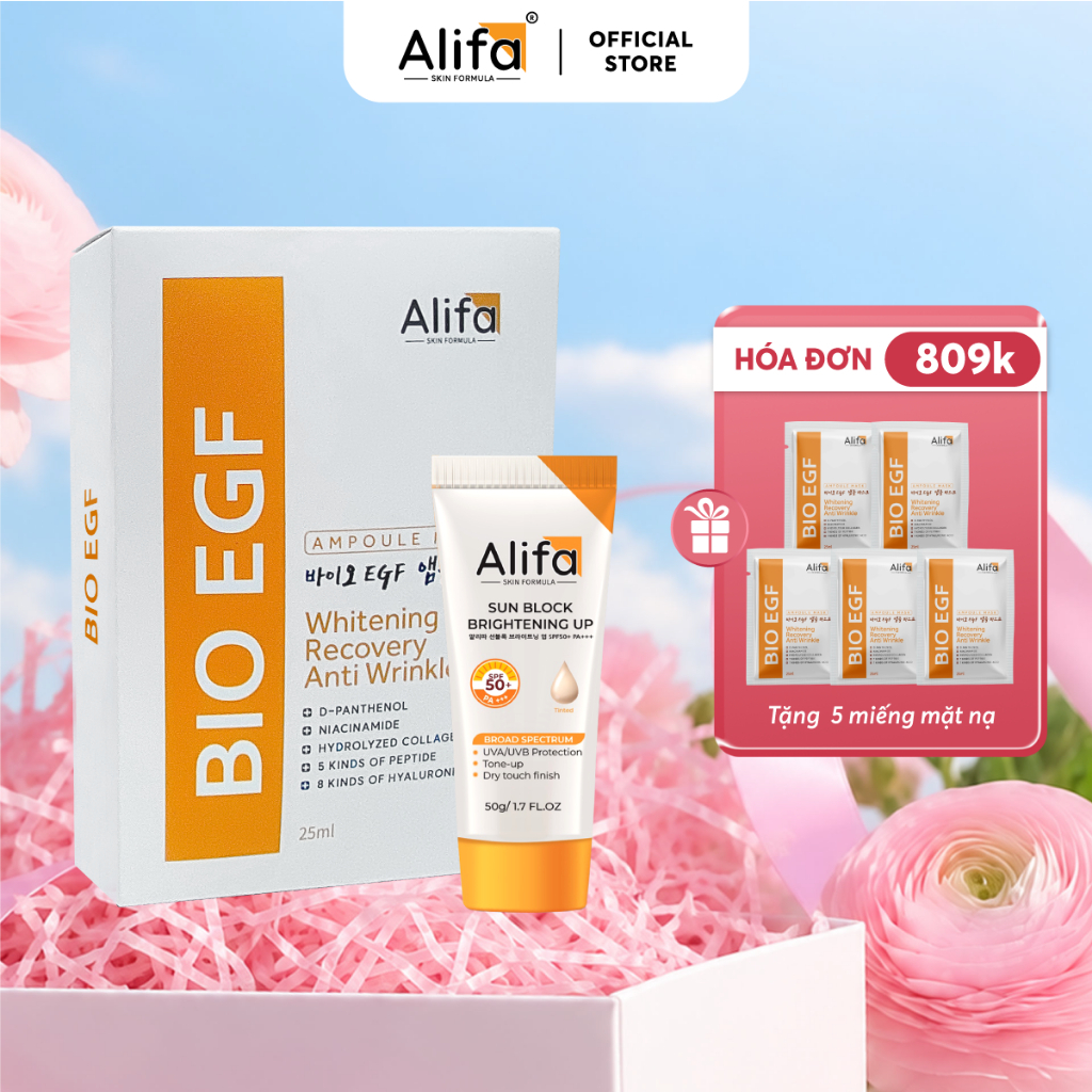 Combo 3: Hộp 10 miếng Mặt nạ dưỡng ẩm 25ml Alifa BIO EGF và Kem chống nắng Alifa Sun Block 50g