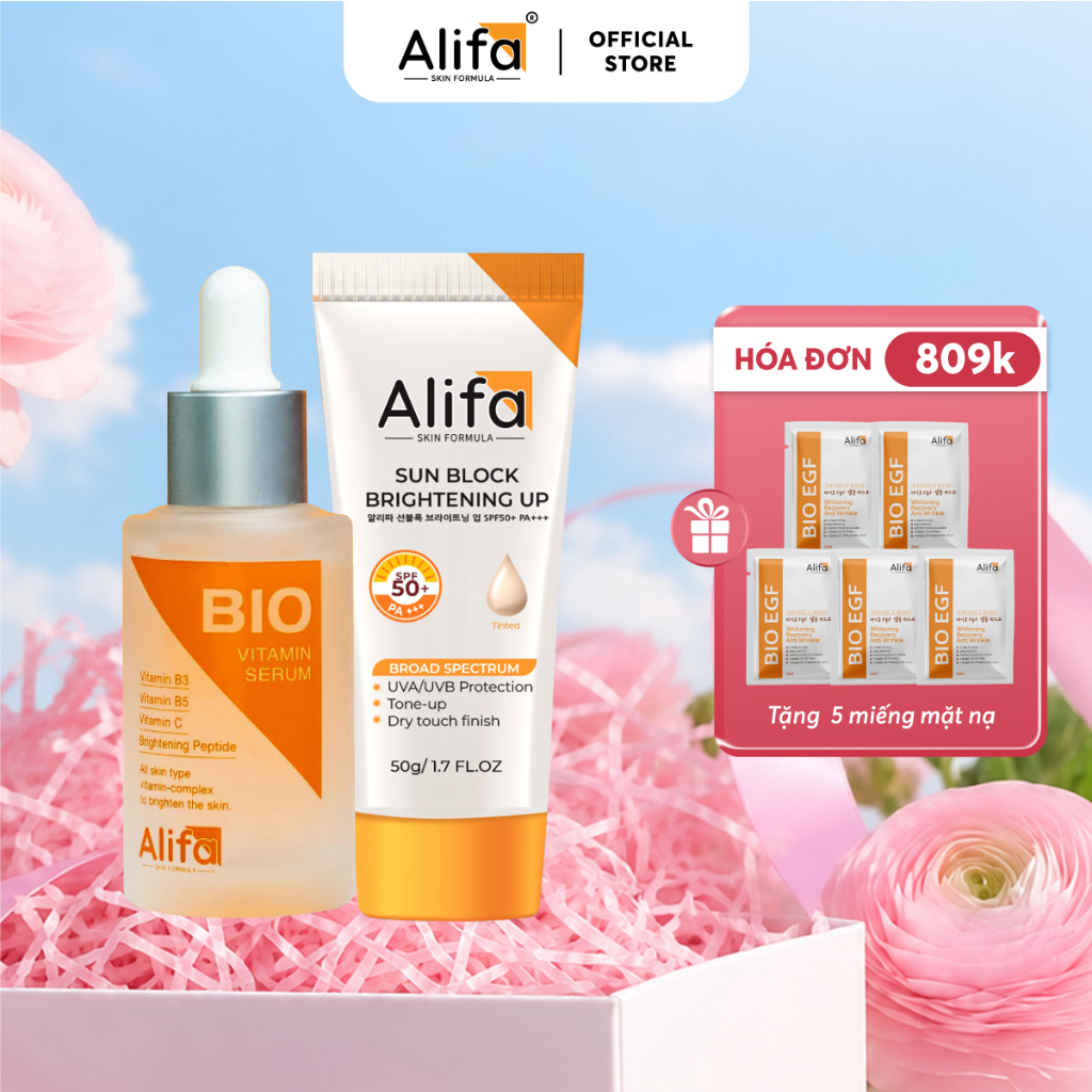 Combo 1: Kem chống nắng cho mặt Alifa Sun Block 50g và Serum dưỡng trắng da Alifa BIO 35ml