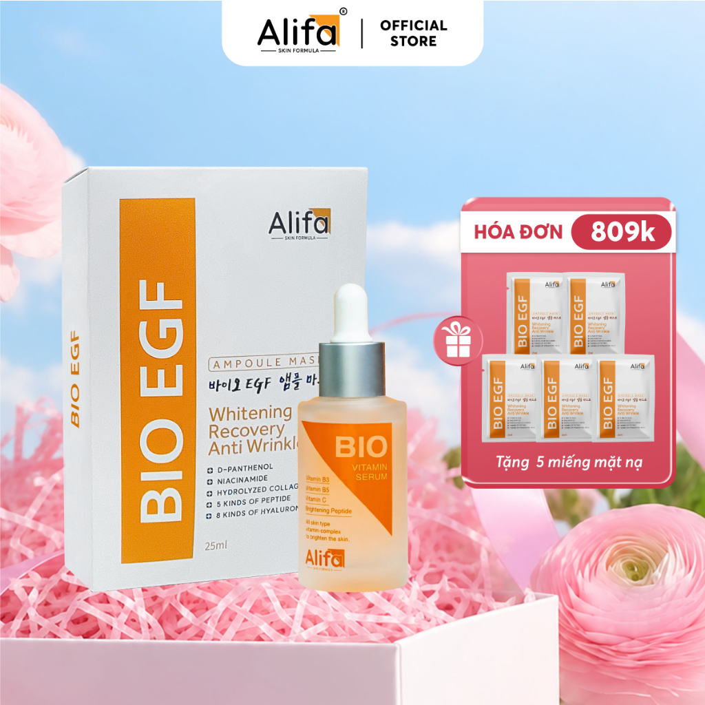 Combo 2: Serum dưỡng ẩm, trắng da BIO Alifa 35ml và Hộp 10 miếng Mặt nạ Alifa EGF dưỡng ẩm 25ml