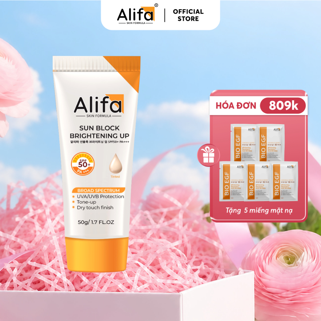 Kem chống nắng Alifa Sun Block Brightening Up 50g, SPF50+ PA+++, nâng tone, dưỡng da trắng mịn