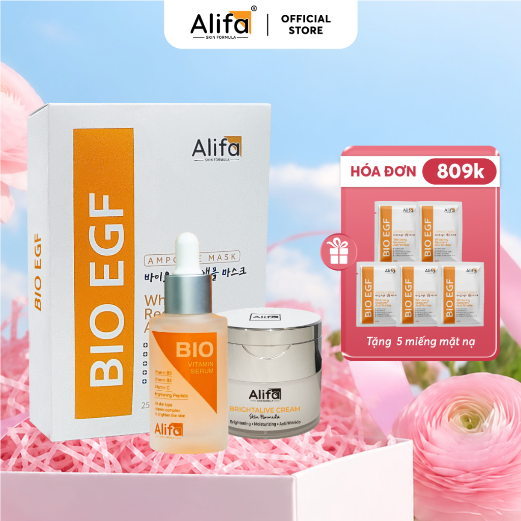 Combo 6: Serum dưỡng trắng da Alifa + Serum BIO + Hộp 10 miếng Mặt nạ Alifa phục hồi da