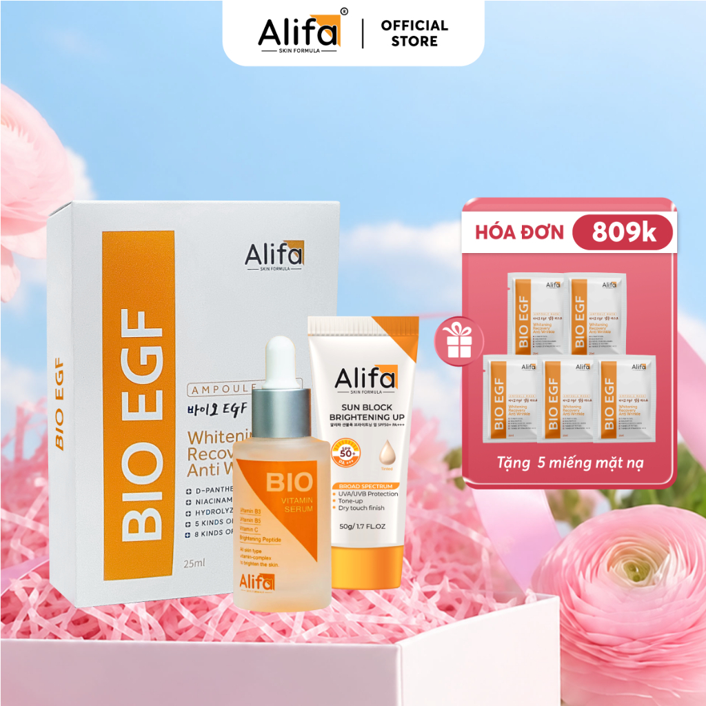 Combo 4: Serum dưỡng ẩm Alifa BIO 35ml, Hộp 10 miếng Mặt nạ Alifa BIO EGF 25ml, Kem chống nắng Alifa