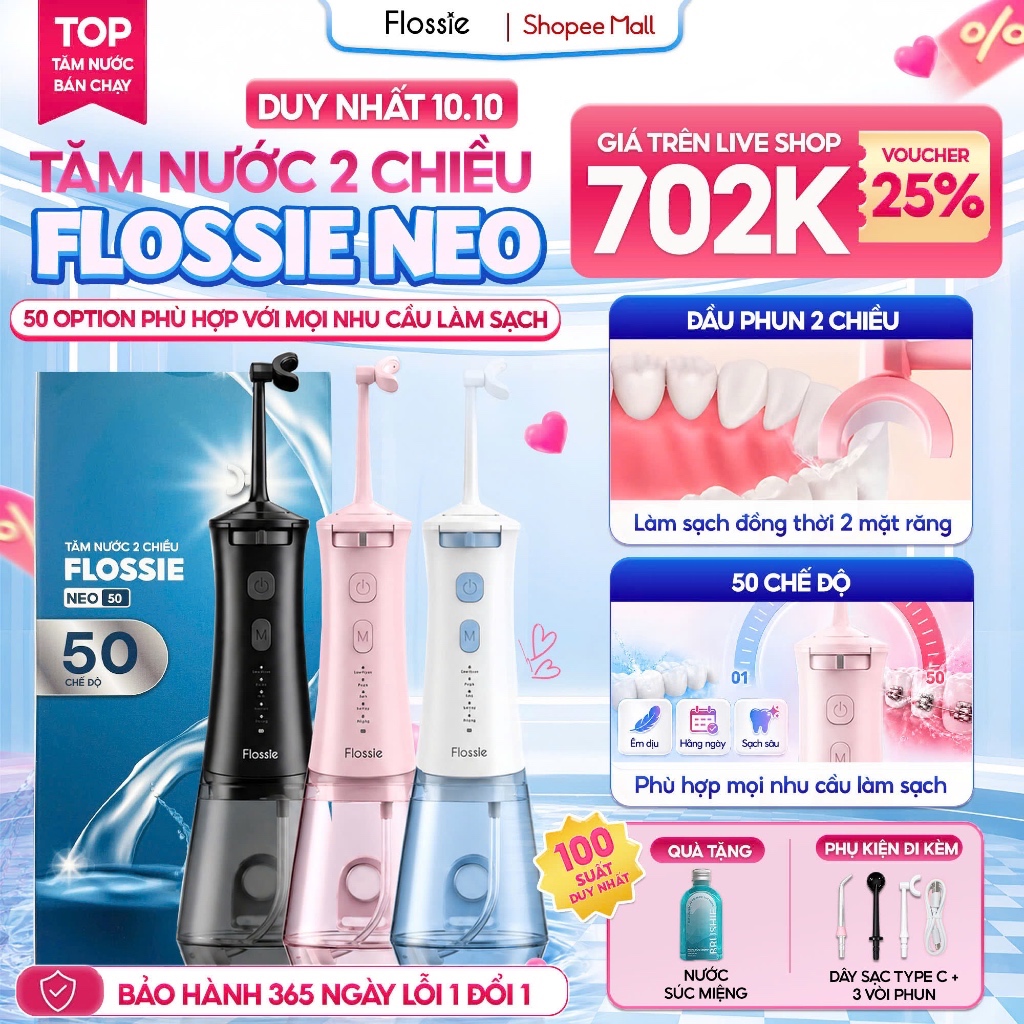 [GIÁ 675K TẠI LIVE SHOP] Tăm Nước 2 Chiều FLOSSIE NEO Đầu Tăm Xoay 360°, 50 Mức Làm Sạch, Bình 300ml