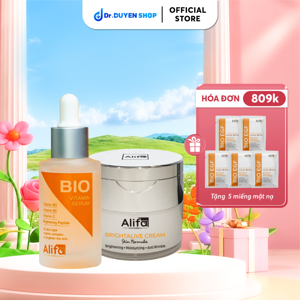 Combo 5: Kem dưỡng Brightalive Cream Alifa 50ml + Serum dưỡng trắng da BIO Alifa Vitamin Serum 35ml