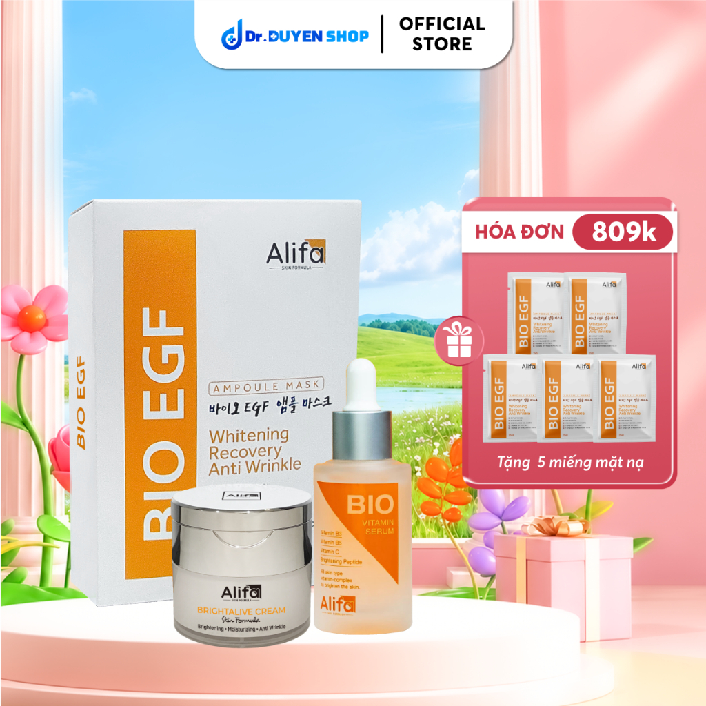 Combo 6: Kem dưỡng Brightalive Cream Alifa 50ml, Serum dưỡng da BIO Alifa Vitamin Serum 35ml, Hộp 10
