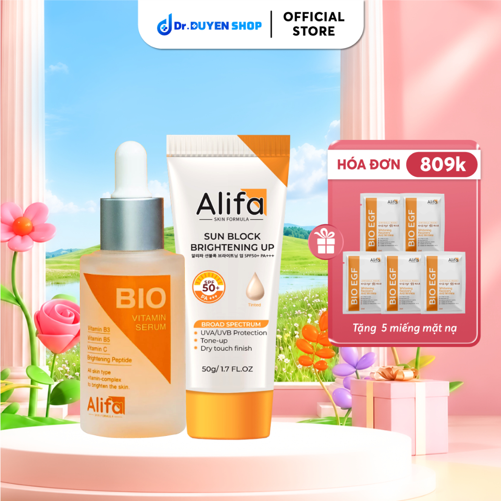 Combo 1: Kem chống nắng Alifa Sun Block Brightening Up 50g và Serum dưỡng ẩm, dưỡng trắng da BIO 35m
