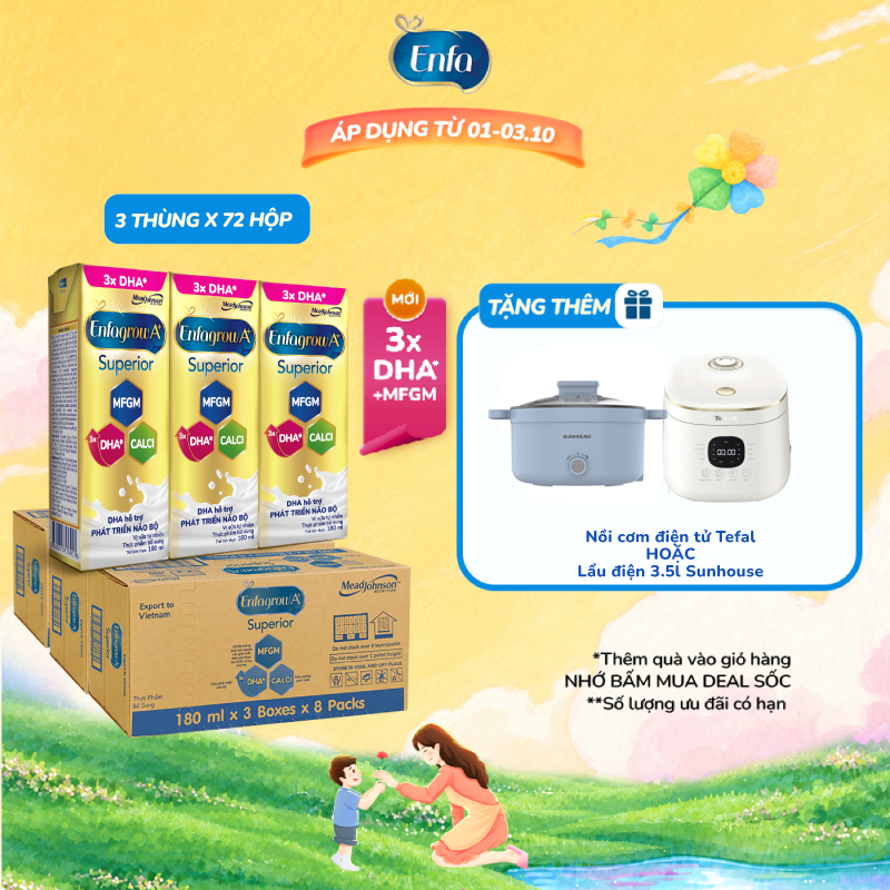 Combo 3 Thùng 24 Hộp Sữa Pha Sẵn Enfagrow A+ Superior 180ml với DHA Hỗ Trợ Phát Triển Não Bộ Cho Trẻ