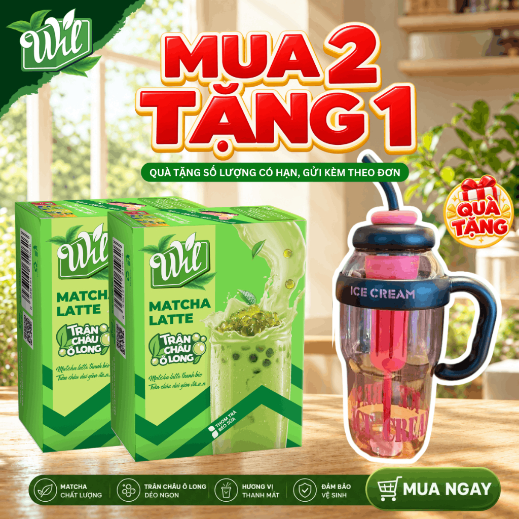 Bột matcha latte Wil - Set pha trà sữa matcha hòa tan có topping trân châu 3Q…