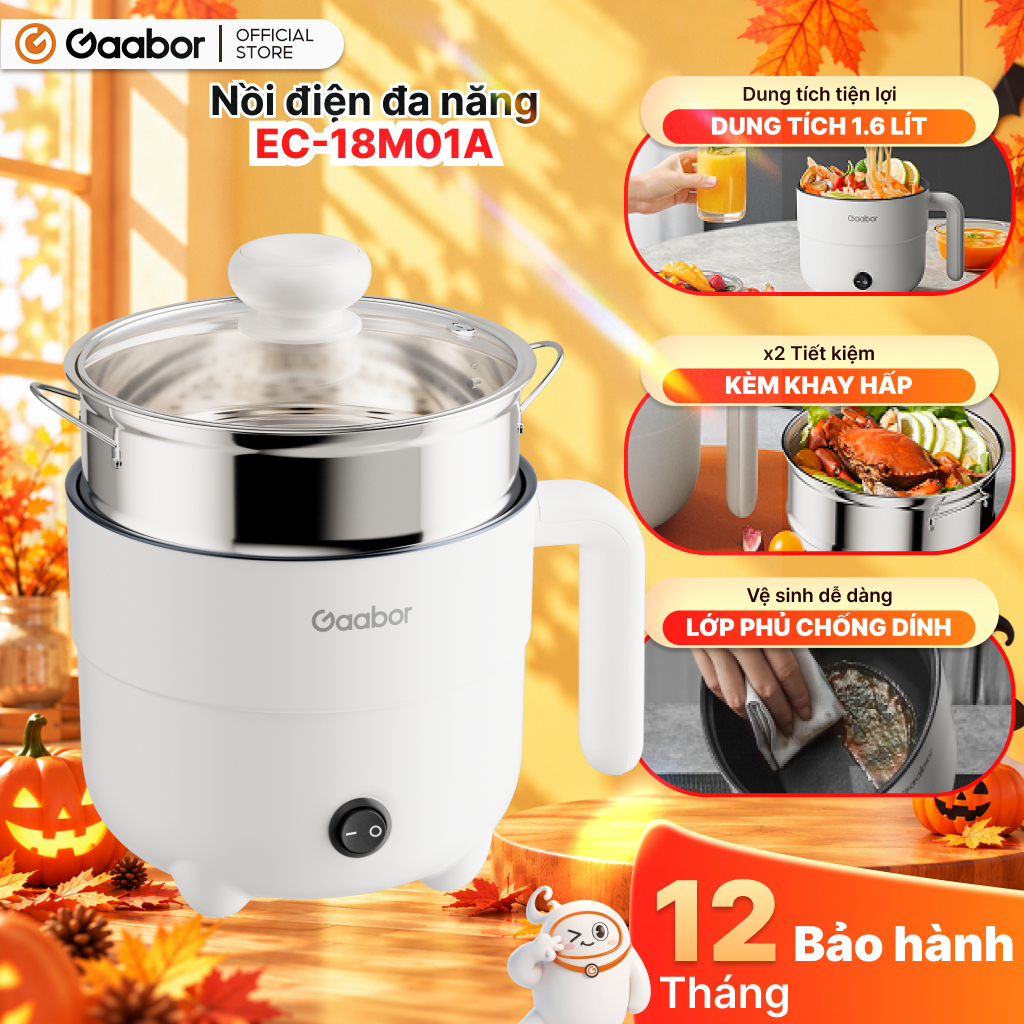 Gaabor Nồi điện Gaabor EC-18M01A mini 1.6L công suất 600W đa năng 2 tầng luộc chiên hấp tiện lợi