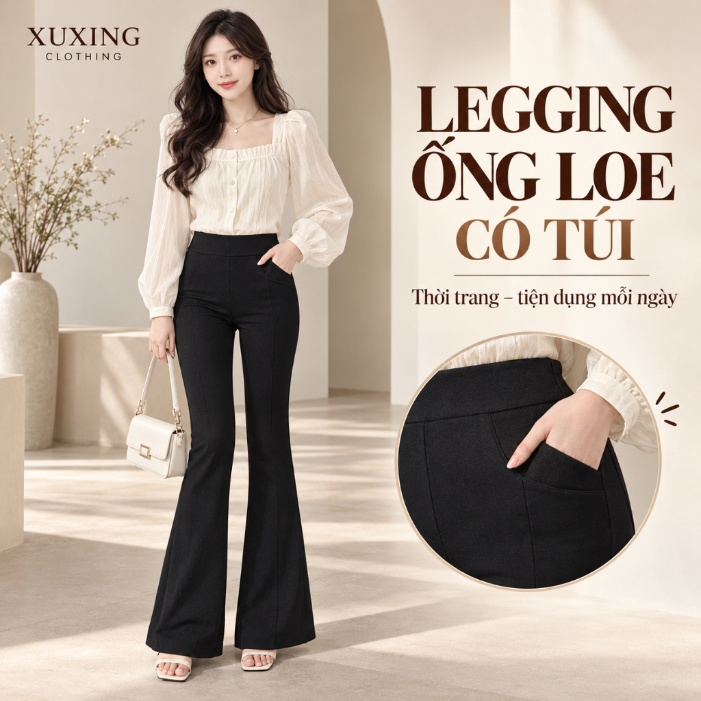 Quần legging ống loe cạp cao XUXING thun cotton dày dặn dài 92-96cm thời trang nữ LG09