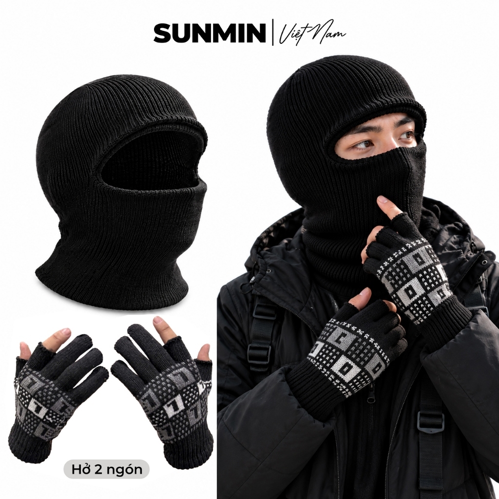 Combo Mũ Len Trùm Đầu Găng Tay Giữ Ấm Nam Nữ Đi Phượt Chạy Xe Máy Thoáng Khí Thấm Hút Chống Gió